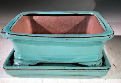 Light Blue Ceramic Bonsai Pot - Rectangle-With Humidity Drip Tray-7 x 5.5 x 3