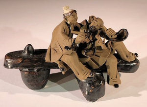 Miniature Ceramic Figurine- Couple Sitting on Bench Making Music - 3- Unglazed